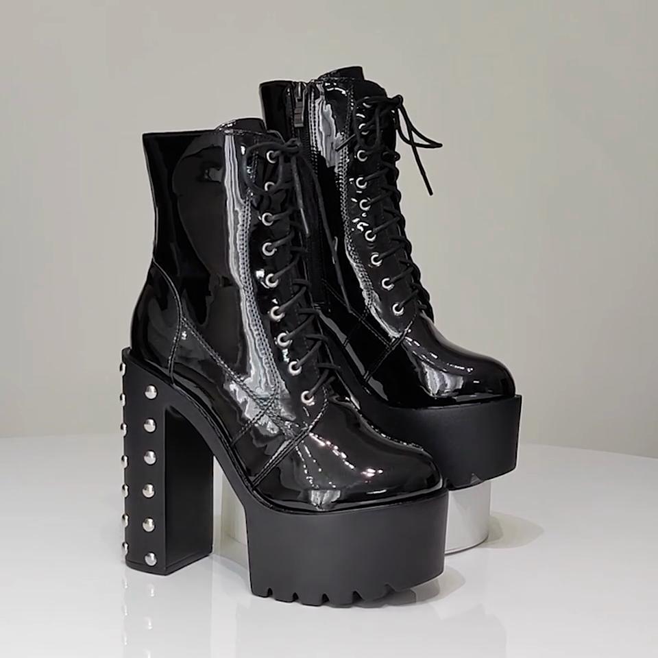 Eilyken Winter Designer Rivet Patent Leather Zipper Women Ankle Boots Platform Round Toe Square Heels Shoes Botines De Mujeres