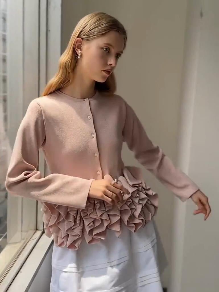 Elegantní móda Podzim Zima Dámský jednobarevný pletený kardigan Bílý Černý Růžový Volány Patchwork Úřednice Pletený svetr Sladký Dámský Hřejivý kabát