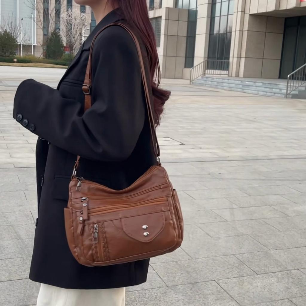 Borsa a tracolla in morbida pelle per donna di mezza età, multitasche, borsa per la mamma