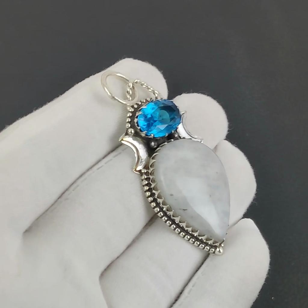 Natürlicher Regenbogen-Mondstein, Blautopas Edelstein Silberanhänger in 925 Sterlingsilber - Handgefertigtes Design, Alltagsschmuck Geburtstagsgeschenk für Ehefrau
