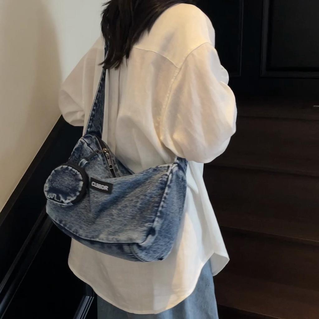 Solid Color Crossbody Bag Underarm Bag Women Denim Bag Commuter Shoulder Bag