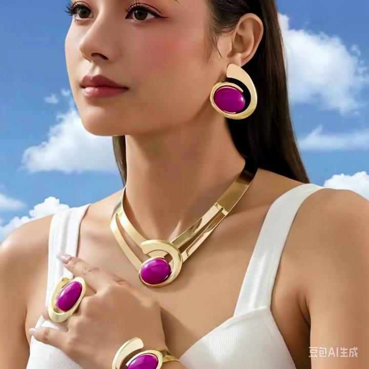 Elegantes 5-teiliges Damenschmuckset im Urlaubsstil - Asymmetrisches Edelstein-Halsketten-, Ohrring-, Armband- und Ring-Set