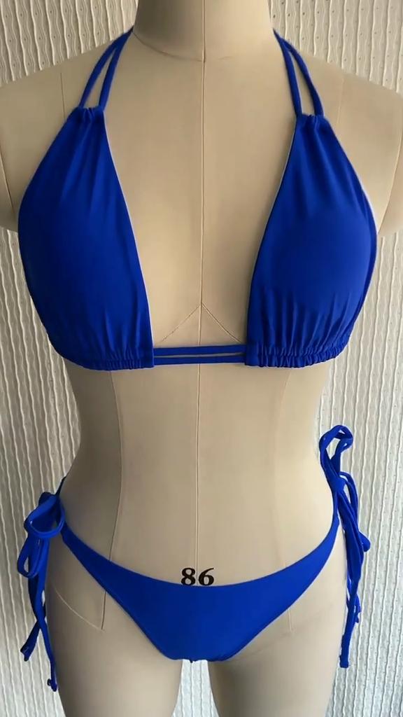 Women's Fashion Sexy Two Piece Bikini Swimsuit Padded Halter Lace Up Back Top Tie Side Briefs Swimwear Set Solid Backless Tankini Bathing Suit