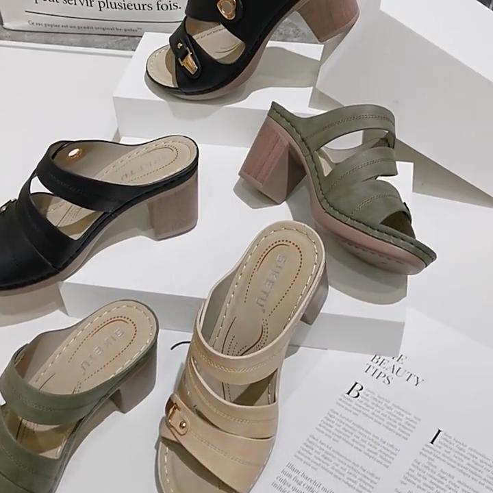 Sandals Women Metal Buckle Stitching Sandals Thick High Heels Large Size Comfortable Slippers