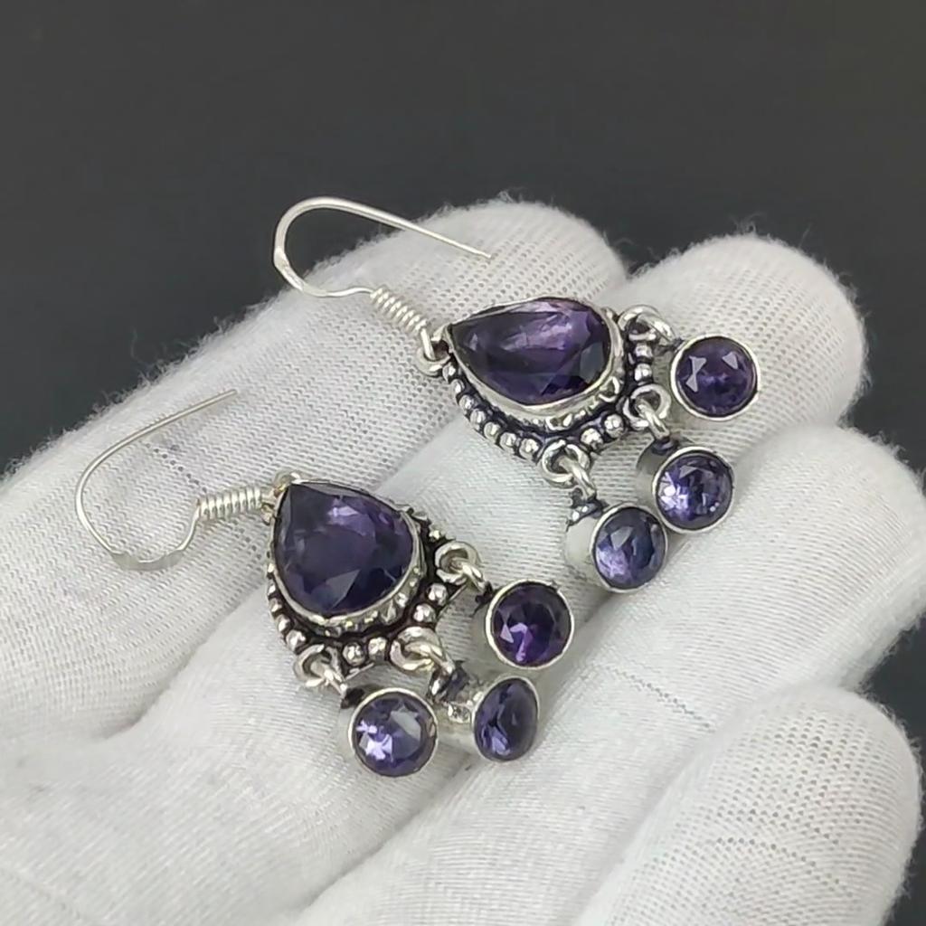 Amethyst Earrings, Gemstone Earring, Antique Amethyst Gemstone Silver Earring, 925 Solid Silver Gemstone Jewelry, Gemstone Earring For Her
