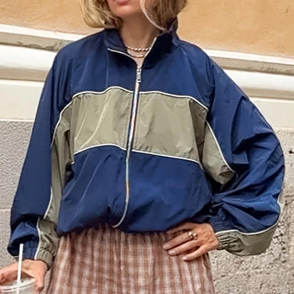 Unisex French Retro Stand Collar Color-Block Zip-Up Oversize Track Jacket Lightweight Polyamide Outdoor Casual Coat, Blue