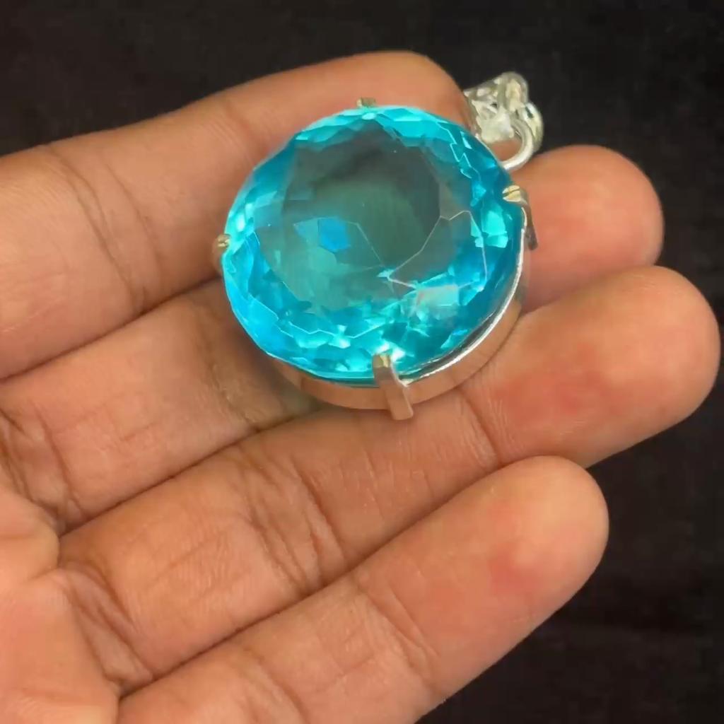 Pandantiv Topaz Albastru Natural Formă Rotundă 100 Certificat Argint Sterling 925 Pietre prețioase my-393-k