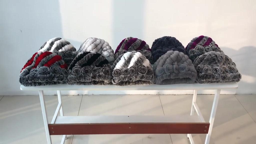 Hot Sale Winter Women Flower Striped Natural Real Fur Hats Lady Warm Knit Genuine Rex Rabbit Fur Caps Outdoor Fur Beanies Hats