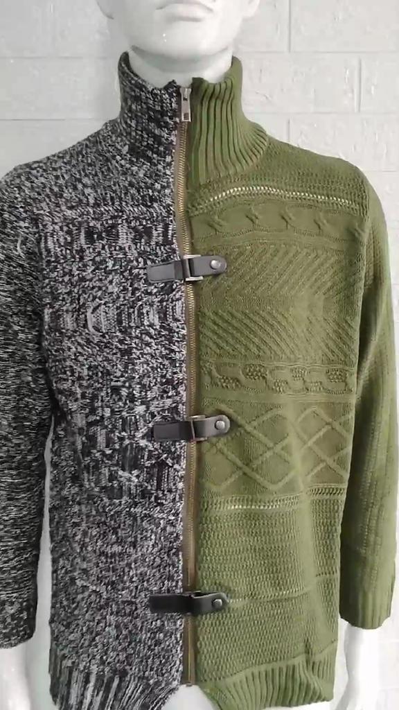 Casaco Suéter de Inverno Masculino Combinação de Cores Assimétrico Mangas Longas Gola Alta Ajuste Slim Quente Tricotado Proteção de Pescoço Suéter de Outono para Escritório
