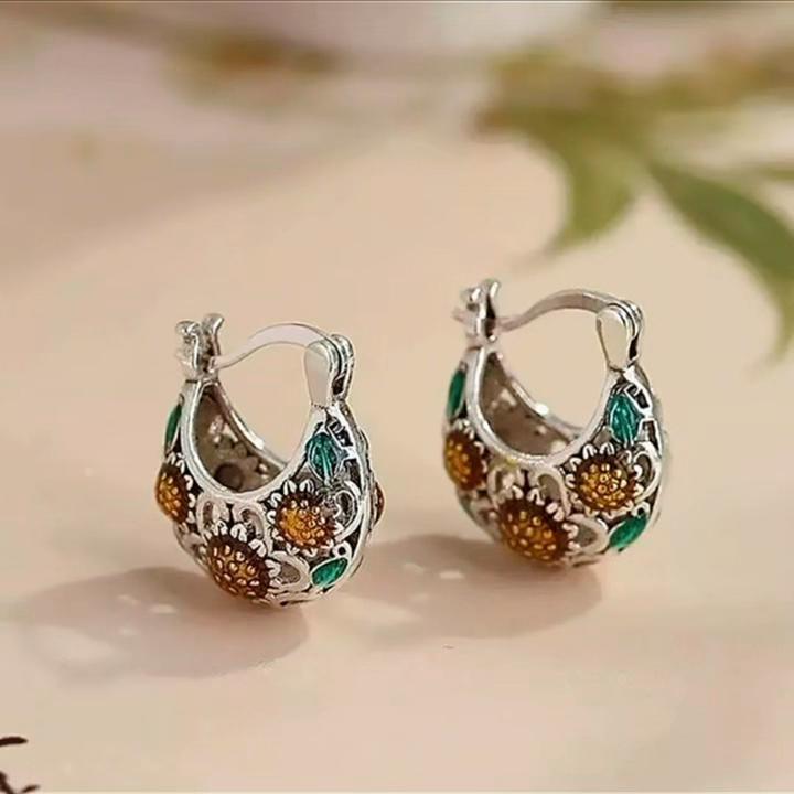 Ethnic Tibetan Sunflower Drip-Glaze Earrings, Retro Bohemian Style