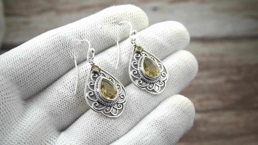 Vintage Sterling Silver Teardrop Citrine Earrings – Handmade Boho Yellow Gemstone Dangle Jewelry for Women