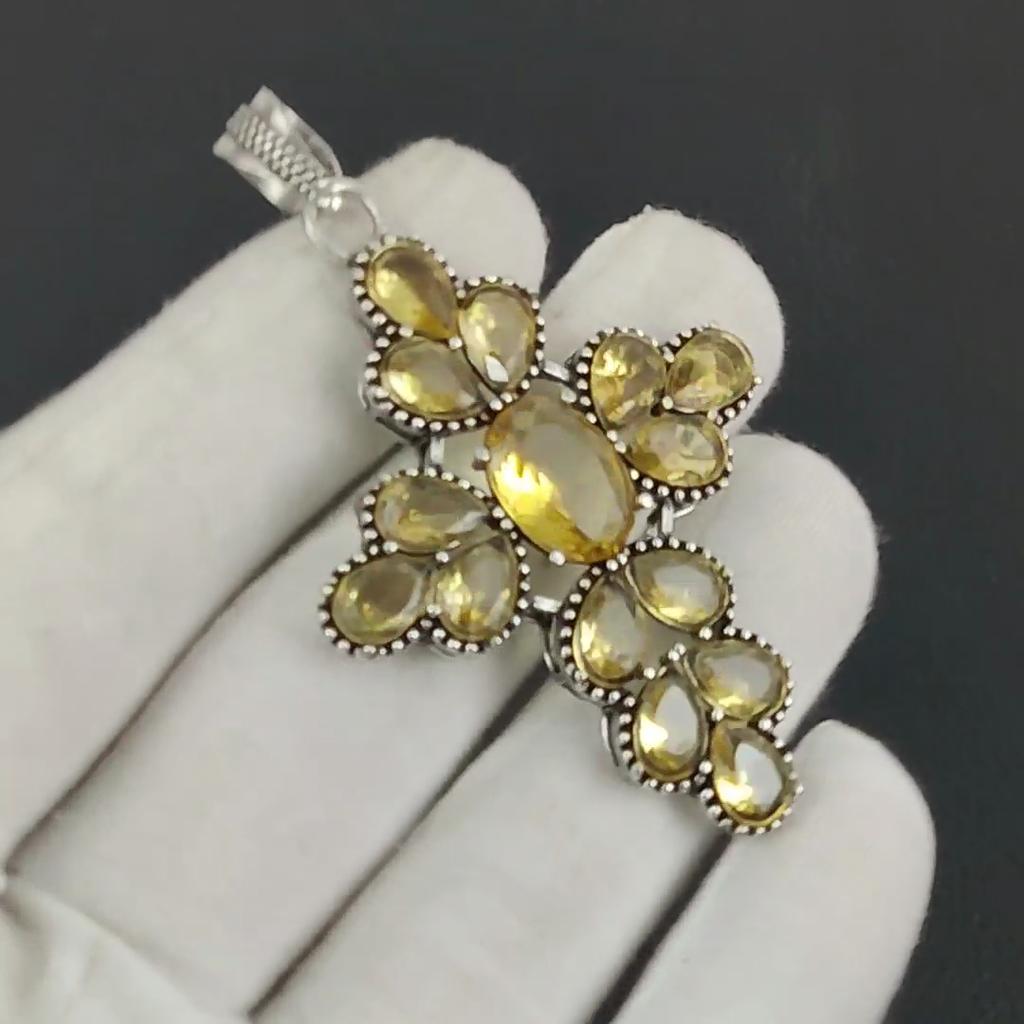 Beautiful Citrine Gemstone Silver Cross Pendant in 925 Sterling Silver - Handmade Pear Design, Everyday Wear Jewelry Gift For Love