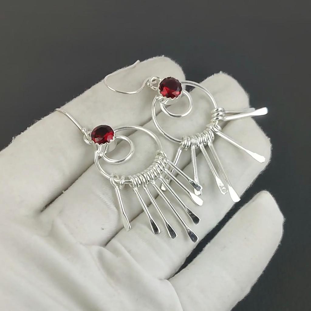 Beautiful Red Garnet Gemstone Hook Earrings 925 Sterling Silver Earring, Handmade Boho Silver Jewelry Dangle Earrings, Birthday Gift