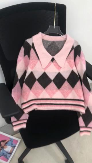 Retro klopa dámský svetr kosočtvercový kontrastní design volný dámský pulovr podzim zima roztomilý krátký dlouhý rukáv pletený