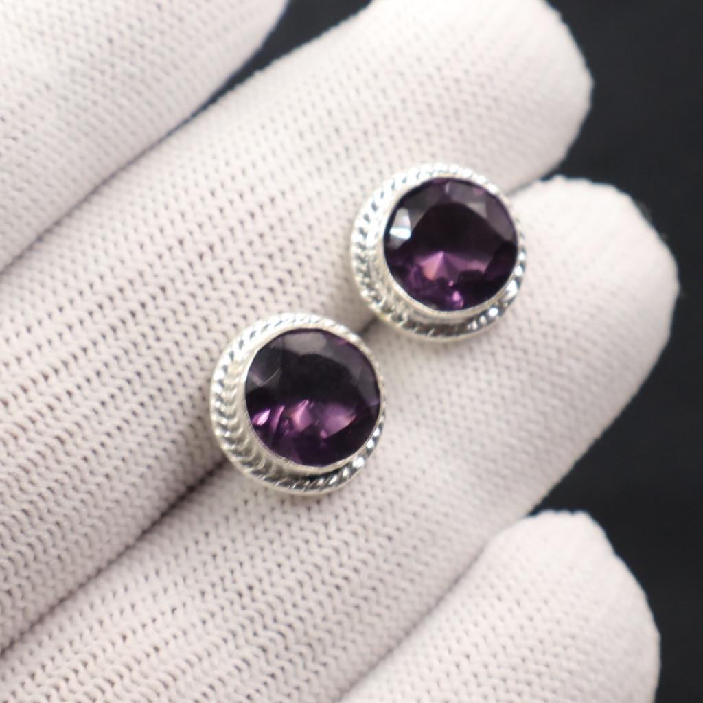 Amethyst Gemstone 925 Sterling Silver Jewelry Handmade Earrings 0.53" For Women EE-147-4