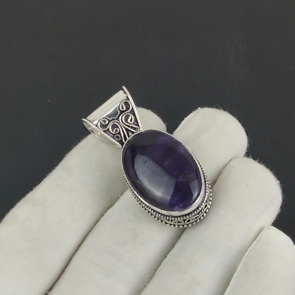 Natural Amethsyt Gemstone Silver Pendant in 925 Sterling Silver - Handmade Oval Design, Everyday Wear Jewelry Burthday Gift