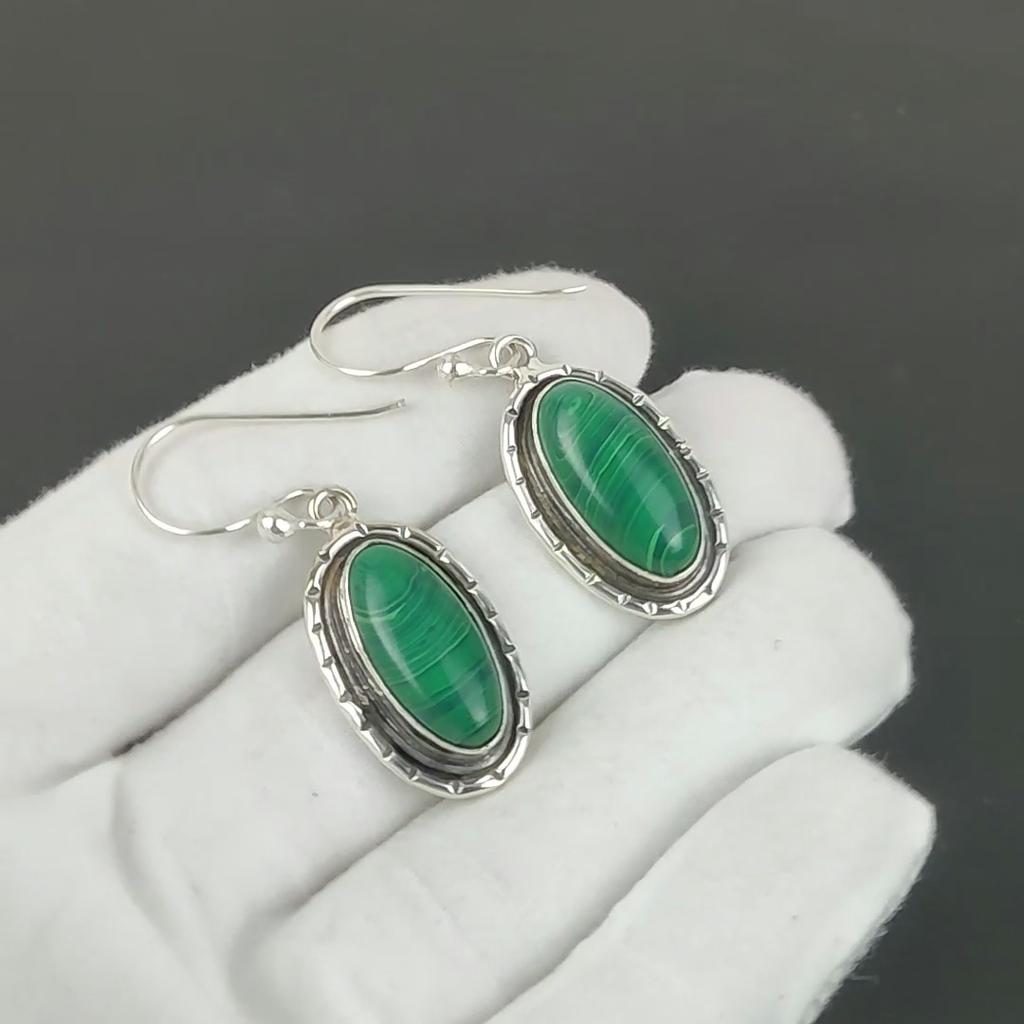 Natürliche Malachit Edelstein Ohrringe, 925 Sterling Silber Ohrringe, Handgefertigte Silberohrringe Als Geschenk, Malachit Hängeohrringe Damen Geschenk