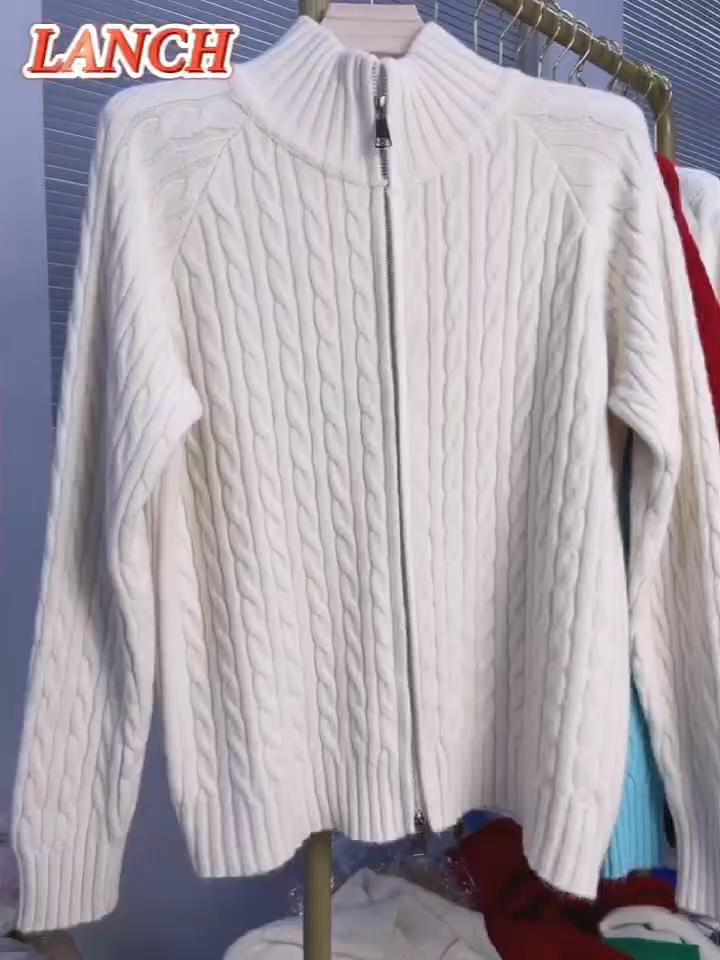 Autumn Winter Women's Stand Collar Cardigan Sweater Zipper Cable Knit Sweater Loose Solid Color Knitted Cardigan Jacket Outerwear