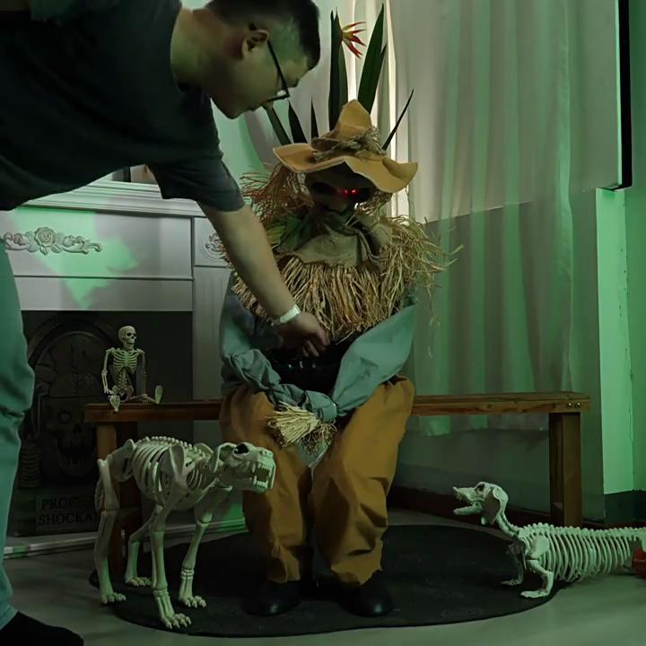 Halloween Decorations Animatronic Scary Sitting Scarecrow with Spooky Sound Glowing Eyes Props Decor for Home Party Indoor Porch Yard Decoration