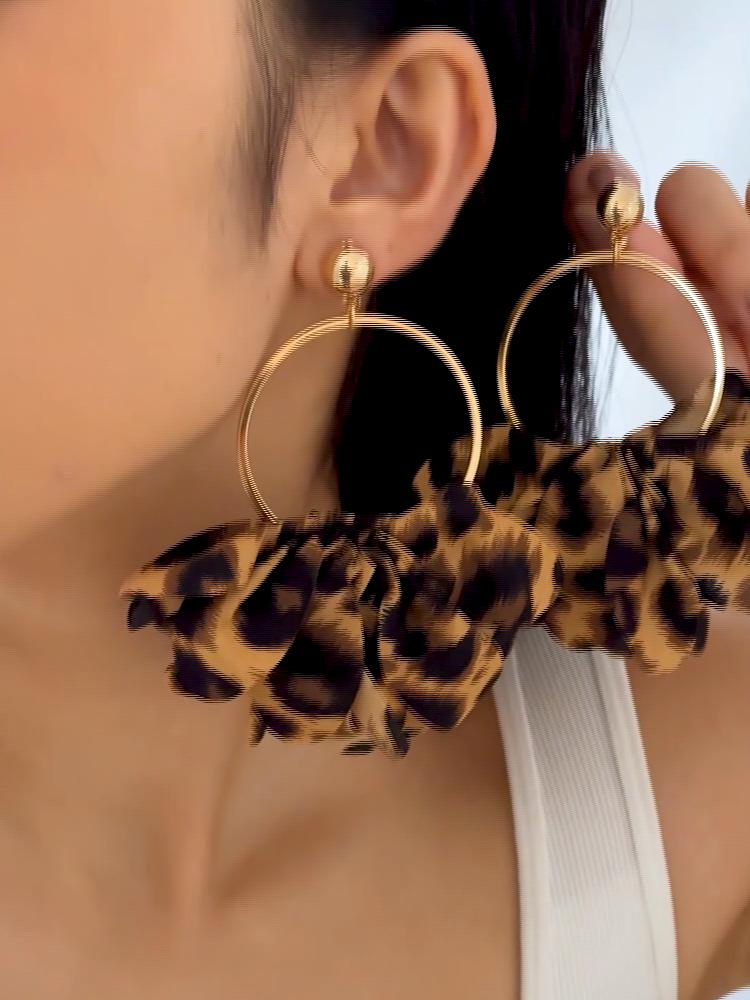 Brincos Pendentes de Argola de Ferro com Estampa de Leopardo Marrom Preto e Flor da Moda para Mulheres Joias Estilo Temperamento Maduro