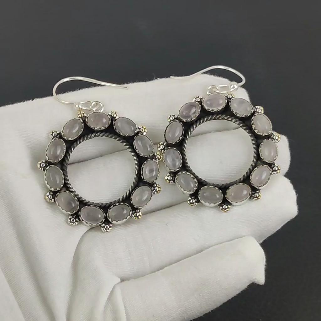 Natural Rose Quartz Gemstone Earrings, 925 Sterling Silver Earring, Handmade Boho Silver Jewelry Dangle Earrings, Thansgiving Gift