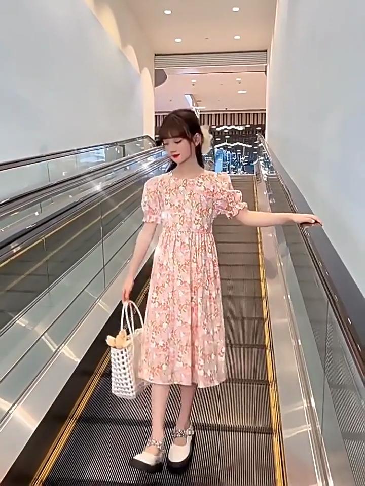 Girls' Summer Dress Cotton Dress Floral Puff Sleeve French Forest Oil Painting Style Sweet Cotton Dress