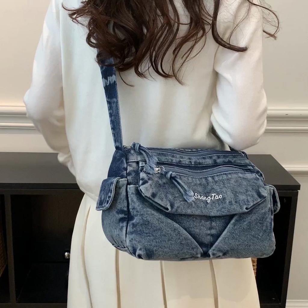 Women Denim Shoulder Bag Vintage Large Capacity Casual Tote Handbag with Multiple Pockets
