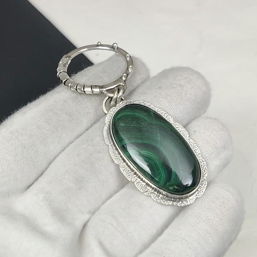 Natural Malachite Gemstone Silver Pendant in 925 Sterling Silver- Handmade Design, Everyday Wear Jewelry, Unique Pendant Father's Day Gift