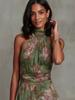 European Style Women Clothing Pleated Off-shoulder Print Sexy Spaghetti Strap Maxi Dress