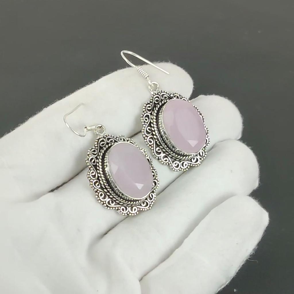 Cercei cu Piatră Prețioasă Calcedonie Roz, Cercei din Argint Sterlin 925, Cercei din Argint Făcuți Manual Pentru Cadou, Cercei Lungi Atârnători cu Calcedonie Roz Pentru Cadou
