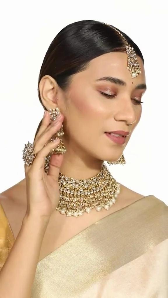Tone Kundan Choker Necklace Earring Maangtikka & Ring Set For Women