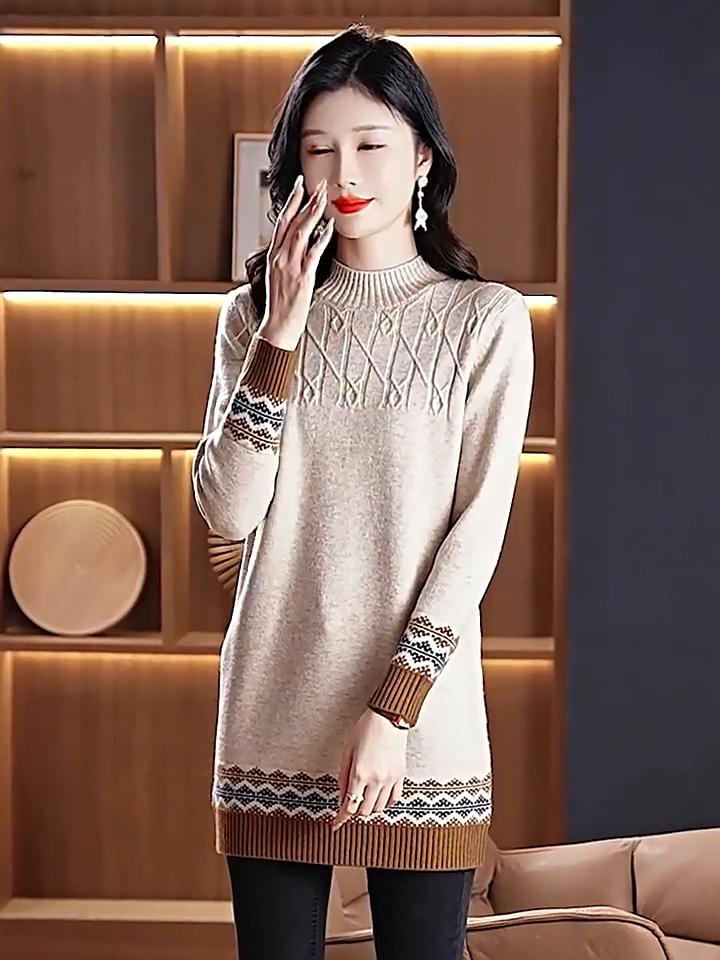 Women's Sweater Half Turtleneck Mid-length Sweater Dress Autumn and Winter Commuting Style Loose Jacquard High Waist Inner Knitted Sweater