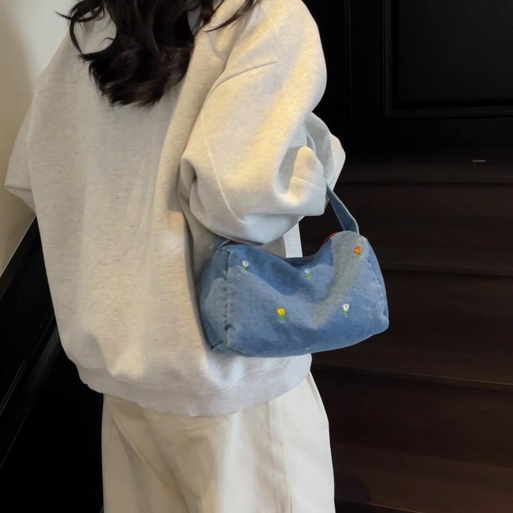 Denim Small Square Bag Flower Embroidery Lightweight Women's Shoulder Bag