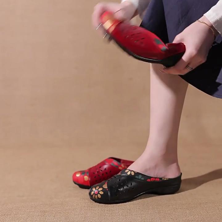 Johnature Ethnic Style Printed Genuine Leather Outdoor Slides Women Versatile Handmade Low Heeled Slippers