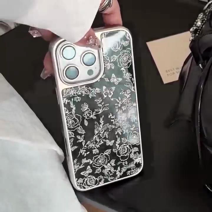 Luxury Electroplated Silver Frame Art Butterfly Flower Case for iPhone 16 Pro Max 15 14 Plus 13 12 Pro 11 Acrylic fall protection Cover