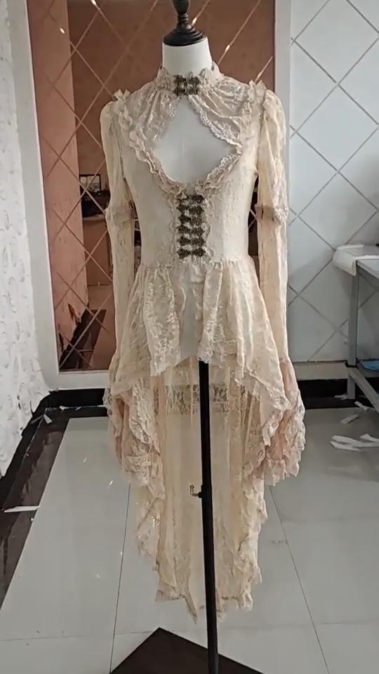 Evropský Americký Retro Styl Palace Party Krajkové Oblečení Šaty Palace Styl Prošívání Límec Horn Rukáv Šaty