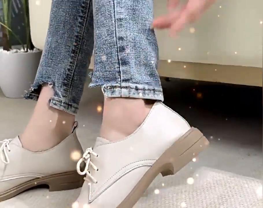 Women's Spring Shoes Thick Heel Genuine Leather Women's Loafers Casual Round Toe British Lace-up Work Shoes Women