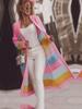 Rose Beauty A Plus Size Color Block Open Front Knit Cardigan, Elegant Drop Shoulder Midi Long Sleeve Women's Cardigan