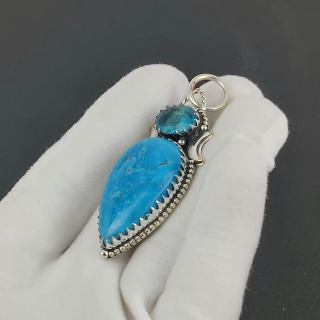 Natural Sleeping Beauty Turquoise, Blue Topaz Gemstone Silver Pendant In 925 Sterling Silver - Handmade Design, Everyday Wear Jewelry Gift For Her