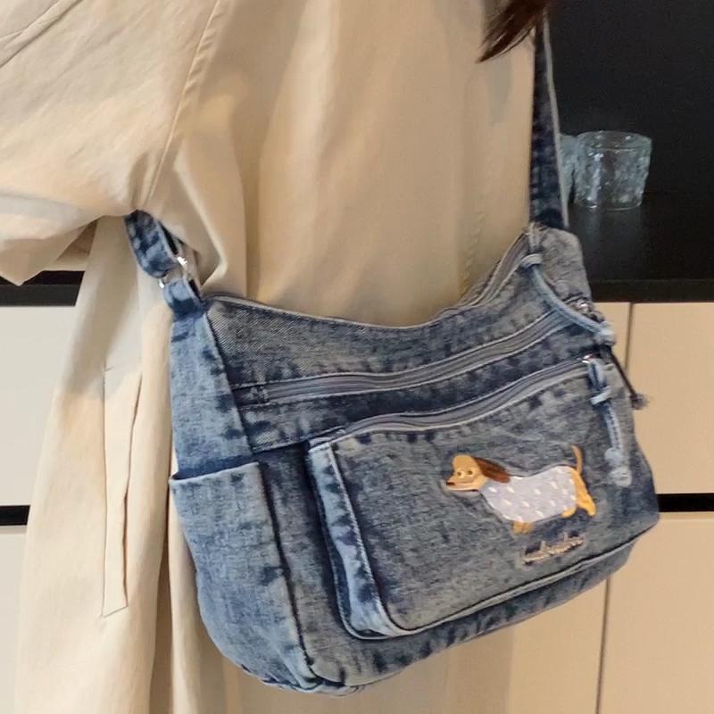 Denim Vintage Shoulder Bag Women Embroidered Cat Crossbody Bag