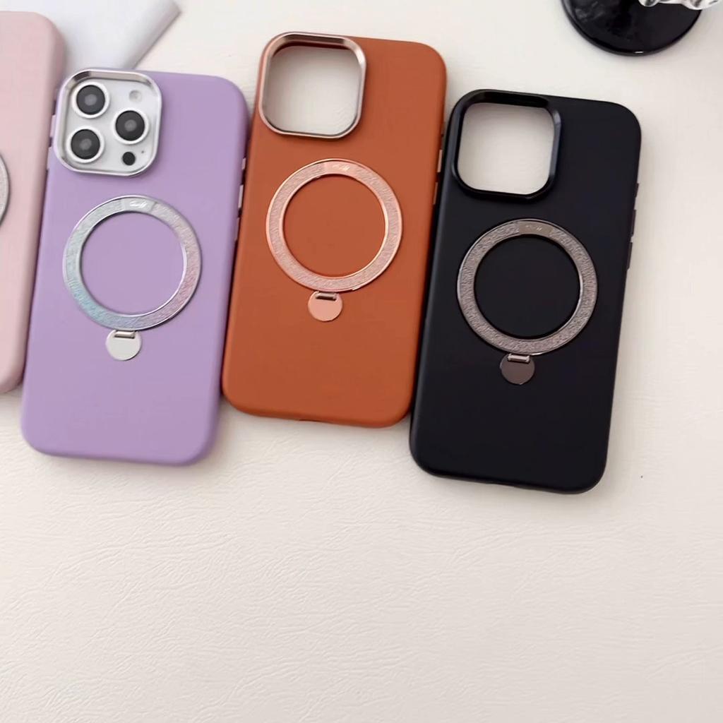 Leather Metal Ring Holder Magnetic Phone Holder Suitable for IPhone 16 15  Pro Max Plus Lens Camera Alloy Frame Back Cover
