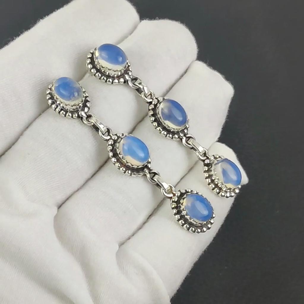 Natural Milky Opal Gemstone Earrings, 925 Sterling Silver Earring, Handmade Boho Silver Jewelry Dangle Earrings, Engagement Gift