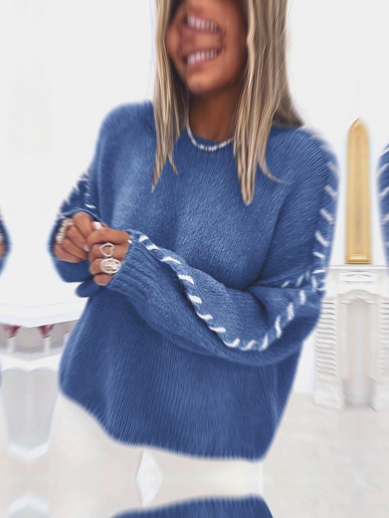 Rose Beauty A Plus Size Top-stitching Solid Knit Sweater, Casual Crew Neck Long Sleeve Sweater For Fall & Winter, Women's Plus Size Clothing