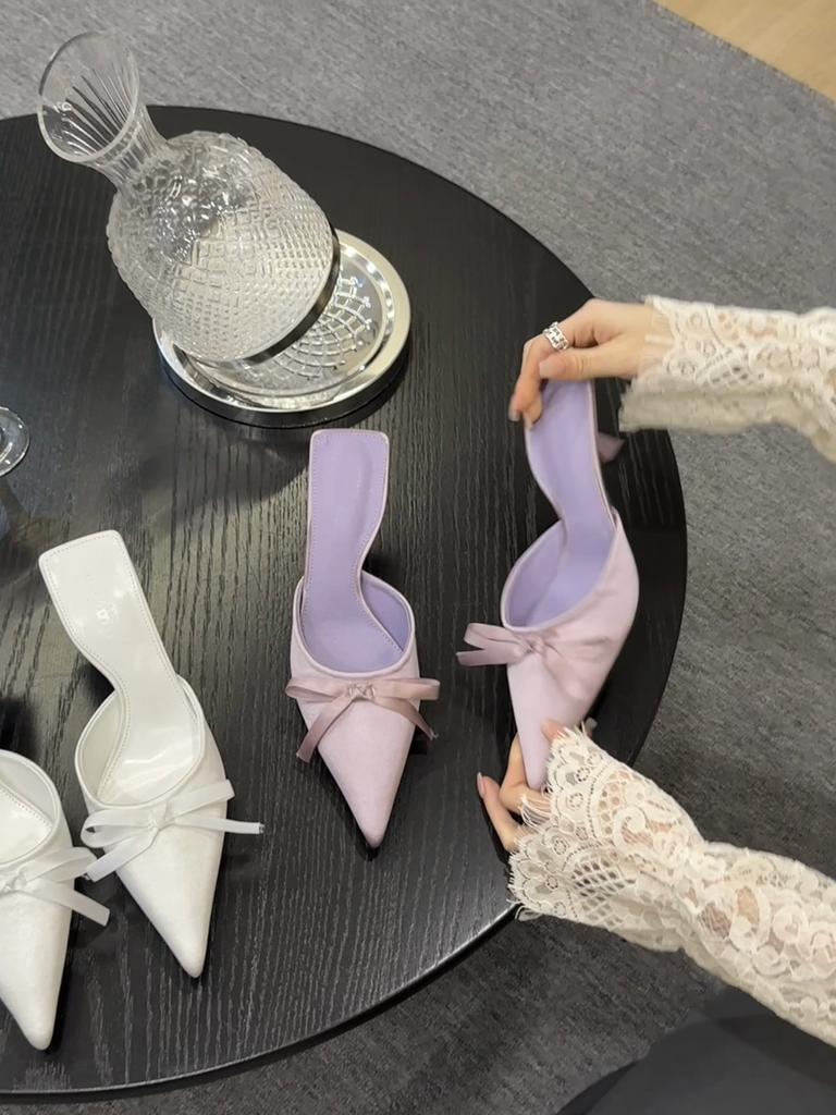 Eilyken Spring Summer Silk Butterfly-knot Women's Slippers Sandals Pointed Toe High Heel Pumps Ladies Stripper Mules Shoe