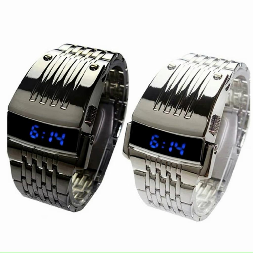 LED Fashion Wristwatch Men Gift Digital LED Blue Display Wide Stainless Steel Band Army Sports Vintage Retro Casual