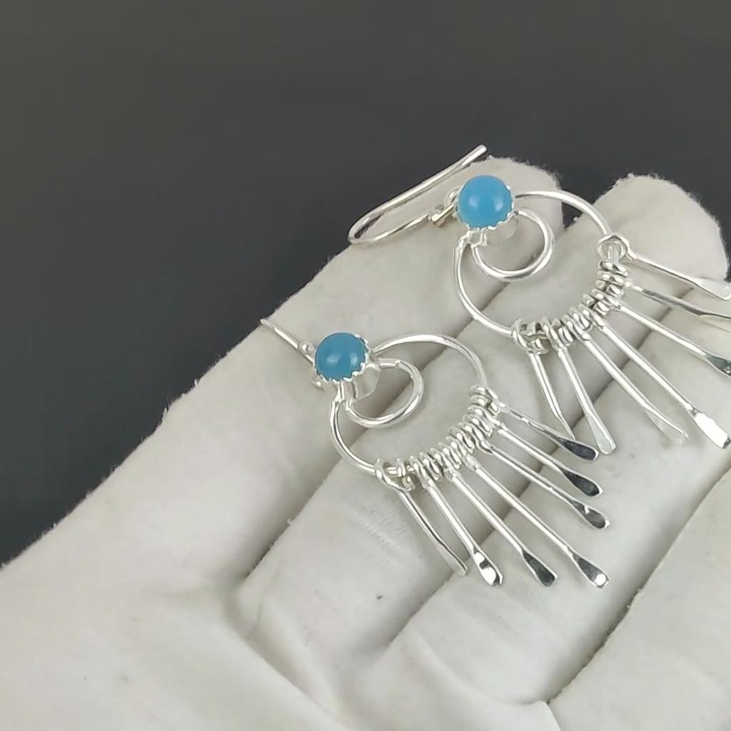 Blue Chalcedony Gemstone Hook Earrings 925 Sterling Silver Earring, Handmade Boho Silver Jewelry Dangle Earrings, Valentine Day Gift