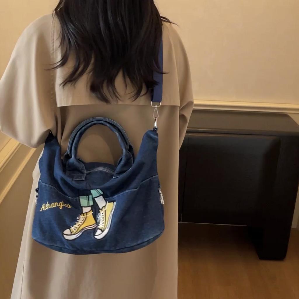 Embroidered Denim Bag Women's Large Capacity Shoulder Crossbody Bag