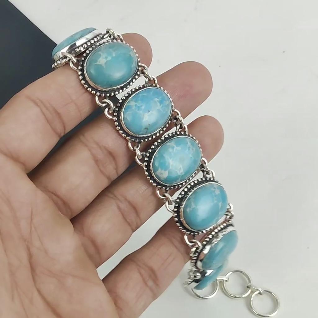 Amazing Larimar Gemstone Handmade Jewelry, 925 Sterling Silver Bracelet, Larimar Silver Bracelet For Wife , Unisex Bracelet, Wadding Gift For Love