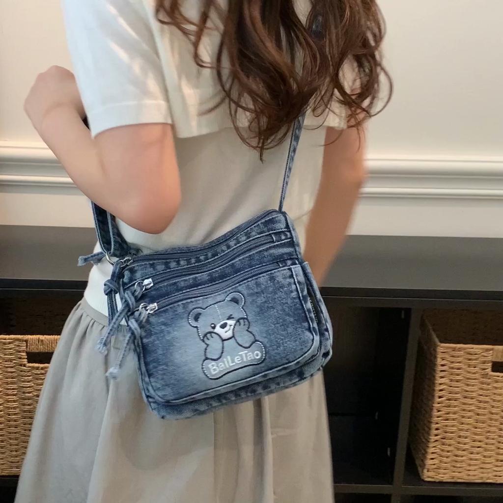 Denim Small Square Bag Embroidered Mobile Phone Bag Women's Shoulder Crossbody Bag