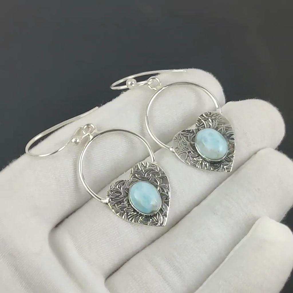 Natural Larimar Gemstone Heart Shape Earrings, 925 Sterling Silver Earring, Handmade Boho Silver Jewelry Dangle Earrings, Engagement Gift